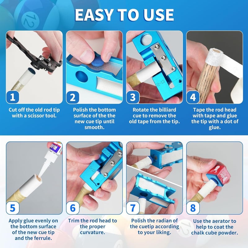 Northlet 11-in-1 Aluminum Alloy Pool Cue Tip Shaper, Pool cue Tips Replacement kit, Billiards Accessories Tool, Pool Stick Tips, Pool Table Accessories for Replacement and Shaping Cue Tips (Blue) - Image 4